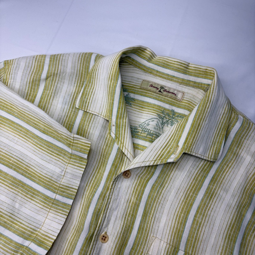 Tommy Bahama Mens 100% Linen Button Up Shirt Striped Embroidered Palm Trees L